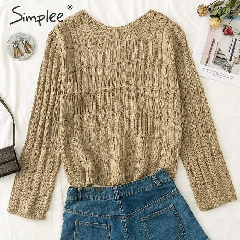 Simplee Vintage hollow out autumn sweater women Elegant loose female winter pullover sweaters Solid office ladies jumpers 2019 | Женская
