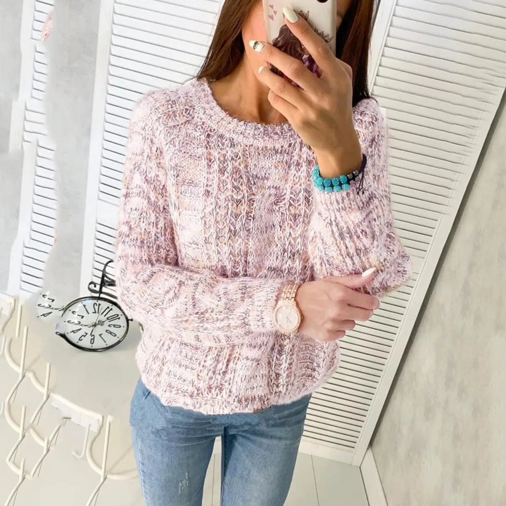 Розовый Повседневный вязаный женский свитер с рукавом-фонариком 2019 осенний