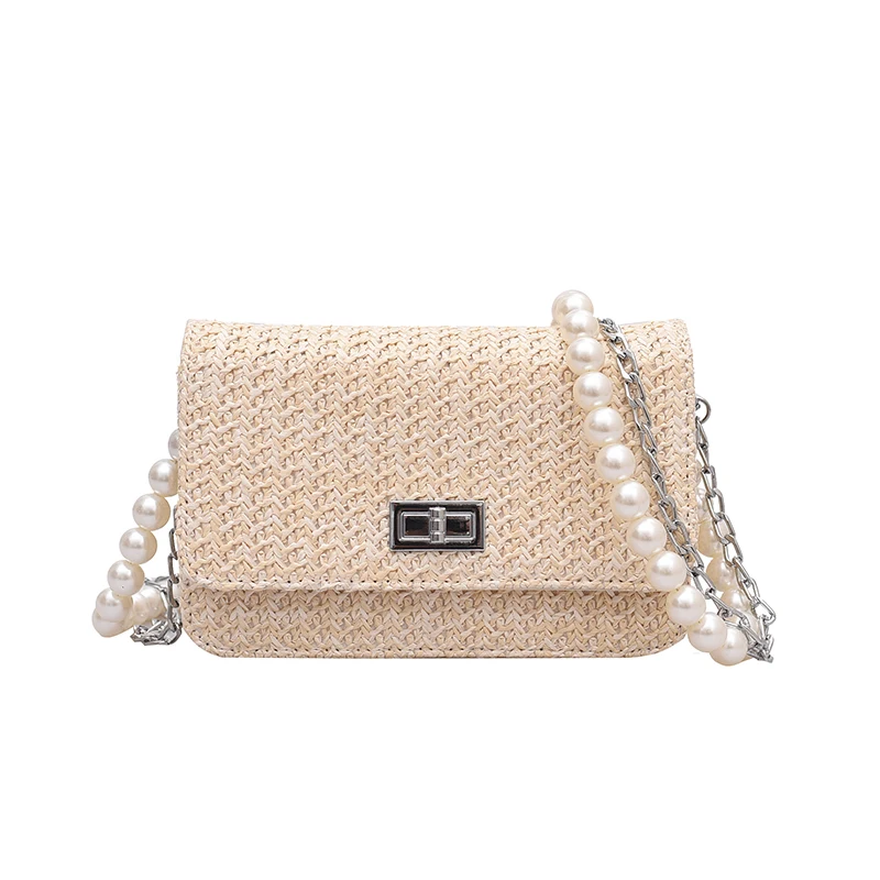 

New Fashion Women's Designer Travel Handbag Pearl Strap Small Straw Flap Ladies Crossbody Bags 2021 Summer Shoulder Beach Purses