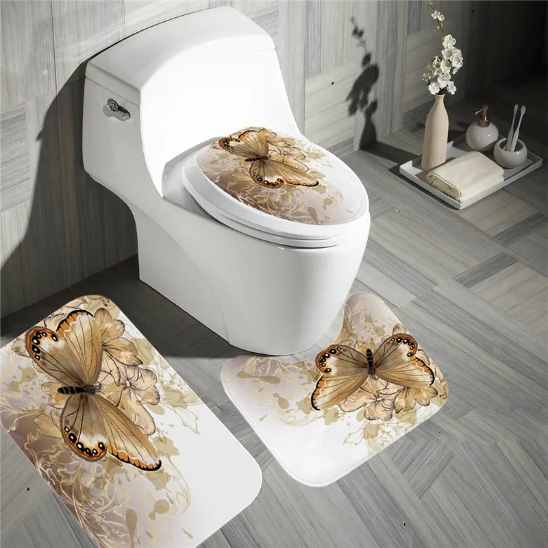 

Golden Butterfly Print Waterproof Shower Curtain Bathroom Non-slip Mats Bath Carpets Toilet Seat Cover Floor Mat Bathroom Decor
