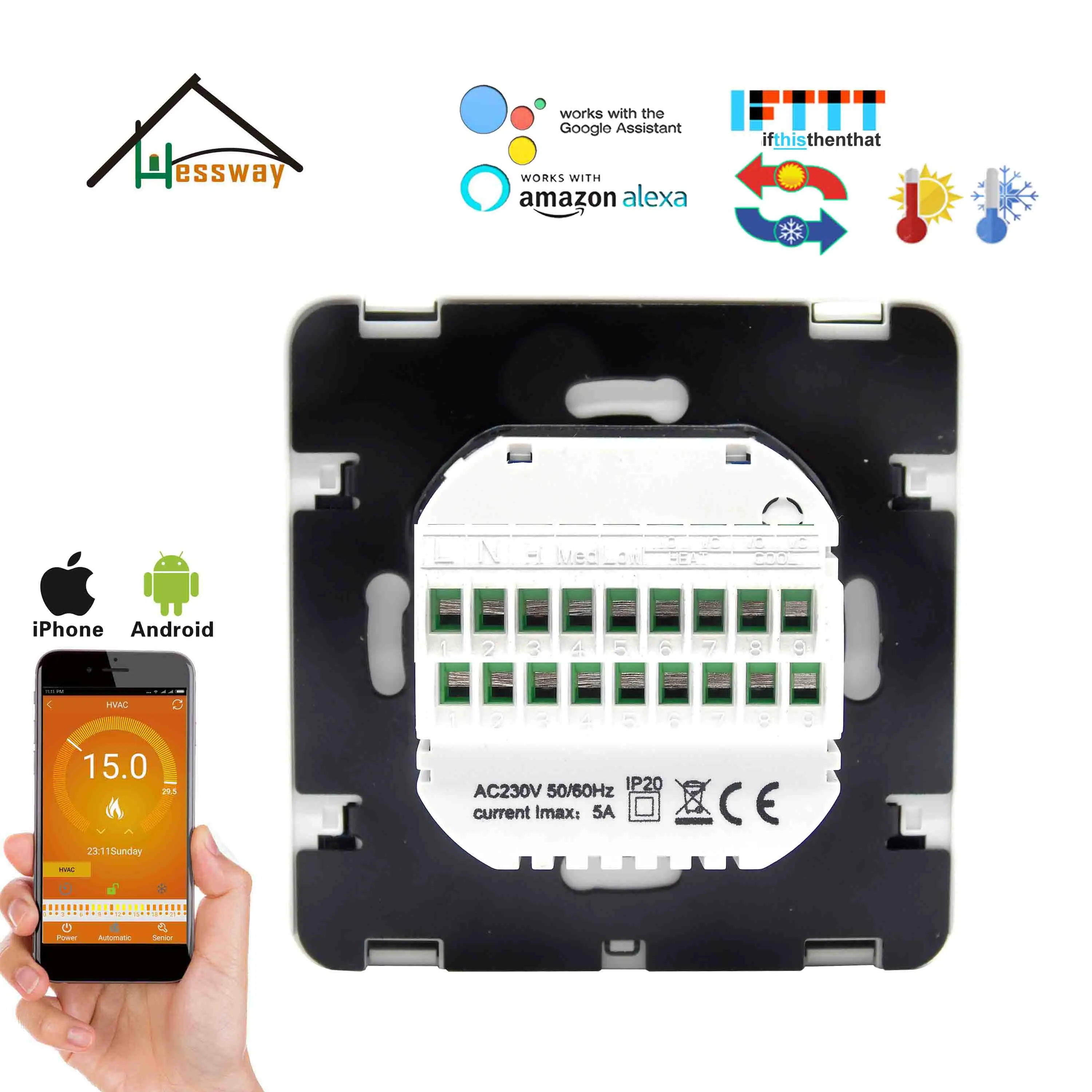 HESSWAY TUYE вентиляторная катушка 2p 4p термостат Wi Fi сенсорный экран с блокировкой от