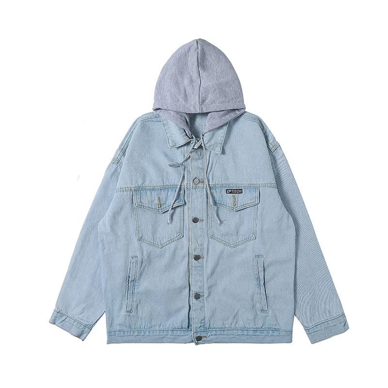 

Korean Hip Hop Black Denim Jacket With Hood Men'S Spring Streetwear Oversized Coat Kpop Couple Clothes Fashion Outwear Male