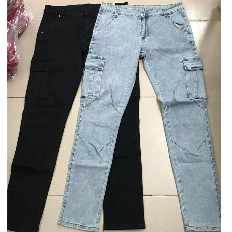 2022 New Street Cargo jeans Men pants Casual Cotton Denim Trousers Wear Side Multi pockets Black men skinny jeans