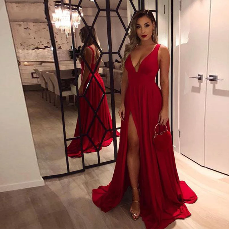 

Eightale Sexy Evening Gowns for Women V-Neck High Side Slit A-Line Sleeveless Simple Long Red Prom Dress for Party Graduation