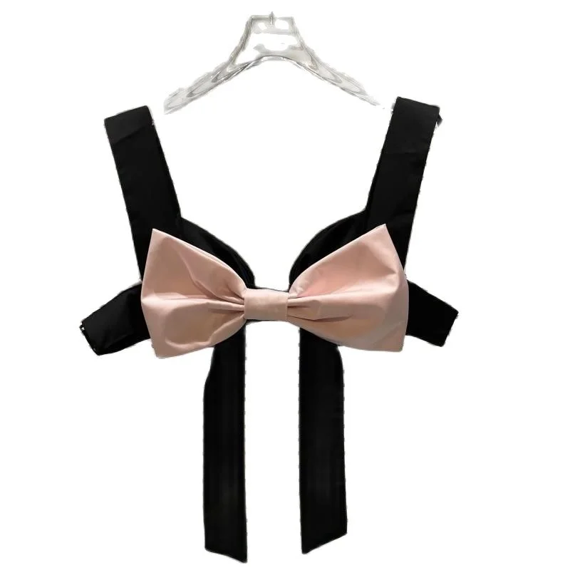 

Aurance Women Camis Sexy Patchwork Big Bow Decoration Tank-top Backless Top Black Crop Tops Short Halter Autumn Fashion 2021