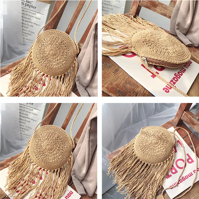 

Women Tassel Straw Handbag Fringe Crossbody Messenger Shoulder Bag Satchel Tote Travel Coin Purses bag