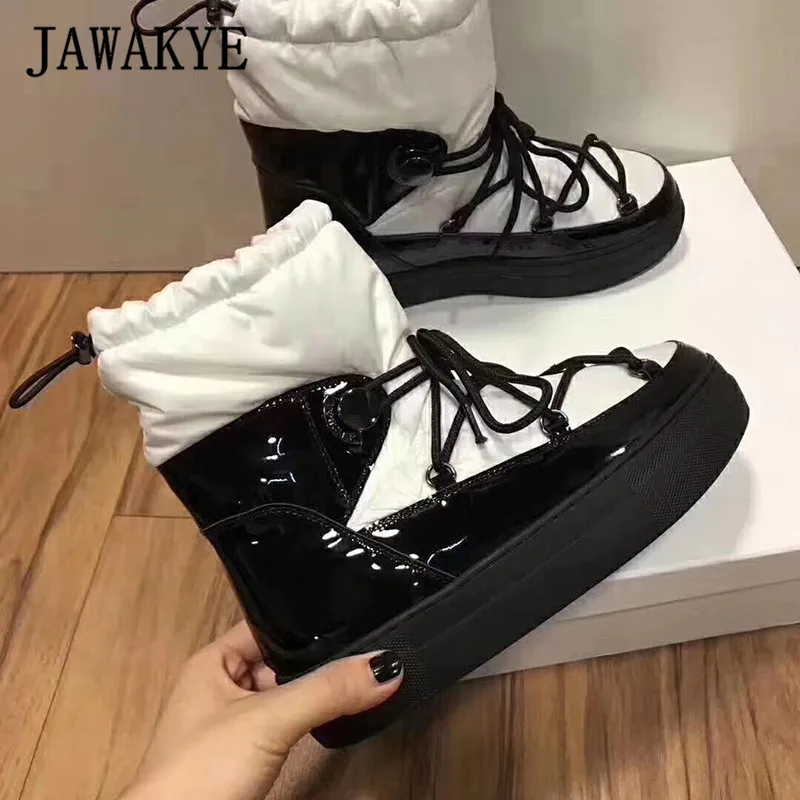 white shoelace Теплые зимние сапоги на плоской платформе; женская обувь с круглым носком; резиновые сапоги с перекрестной шнуровкой; водонепроницаемые зимние сапоги для женщин; цвет черный, белый - Цвет: white shoelace