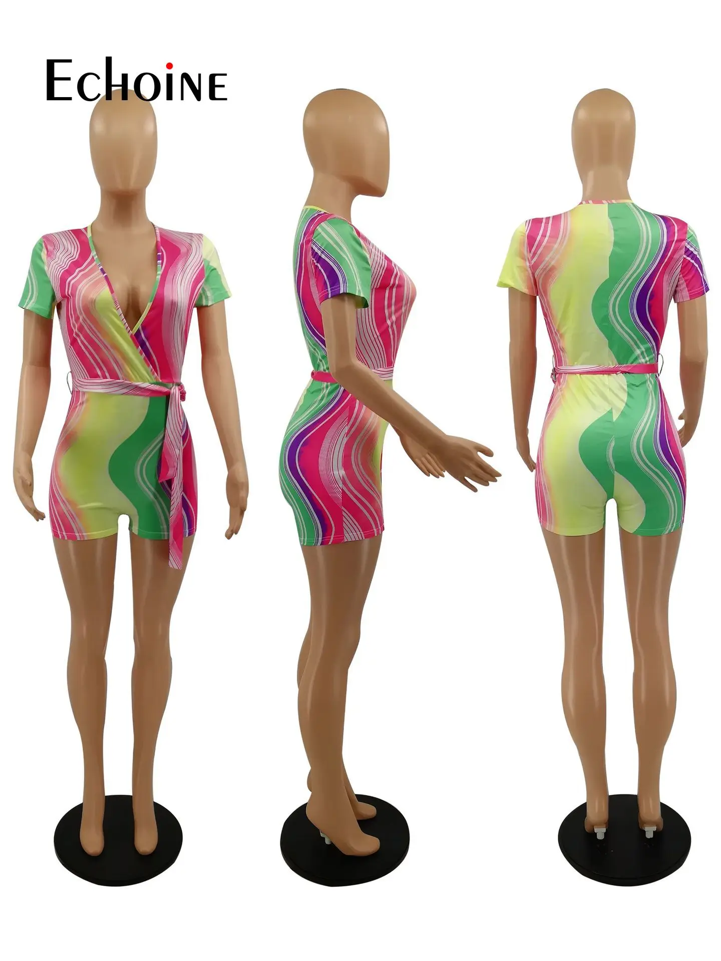 

Echoine Women Summer Sweet Sexy Beach Regular Lace Up Top Deep V-Neck High Waist Skinny Free Playsuits Short Pant Rompers