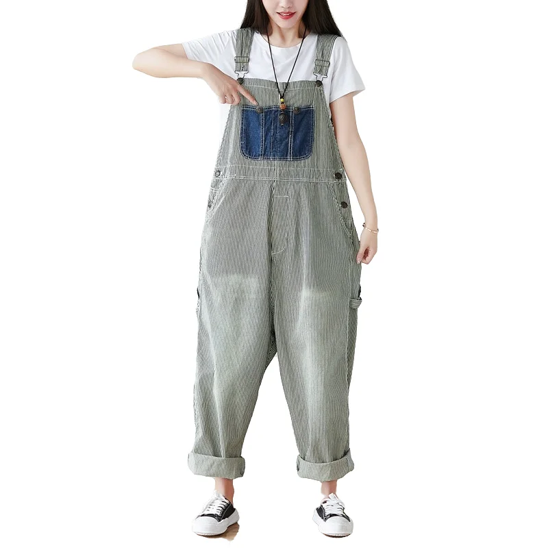casual sleeveless striped jumpsuits for women Spring summer big pocket loose Patch denim overalls
