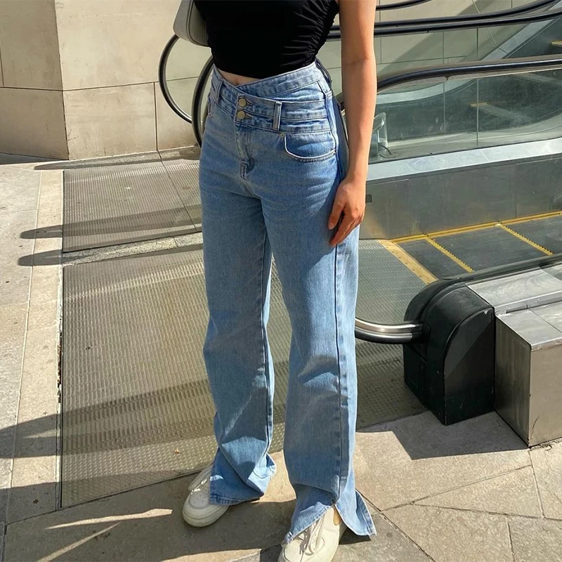 

Women's Wide Leg Jeans Wrap High Waist Washed Relaxed Fit Split Hem Denim Pants