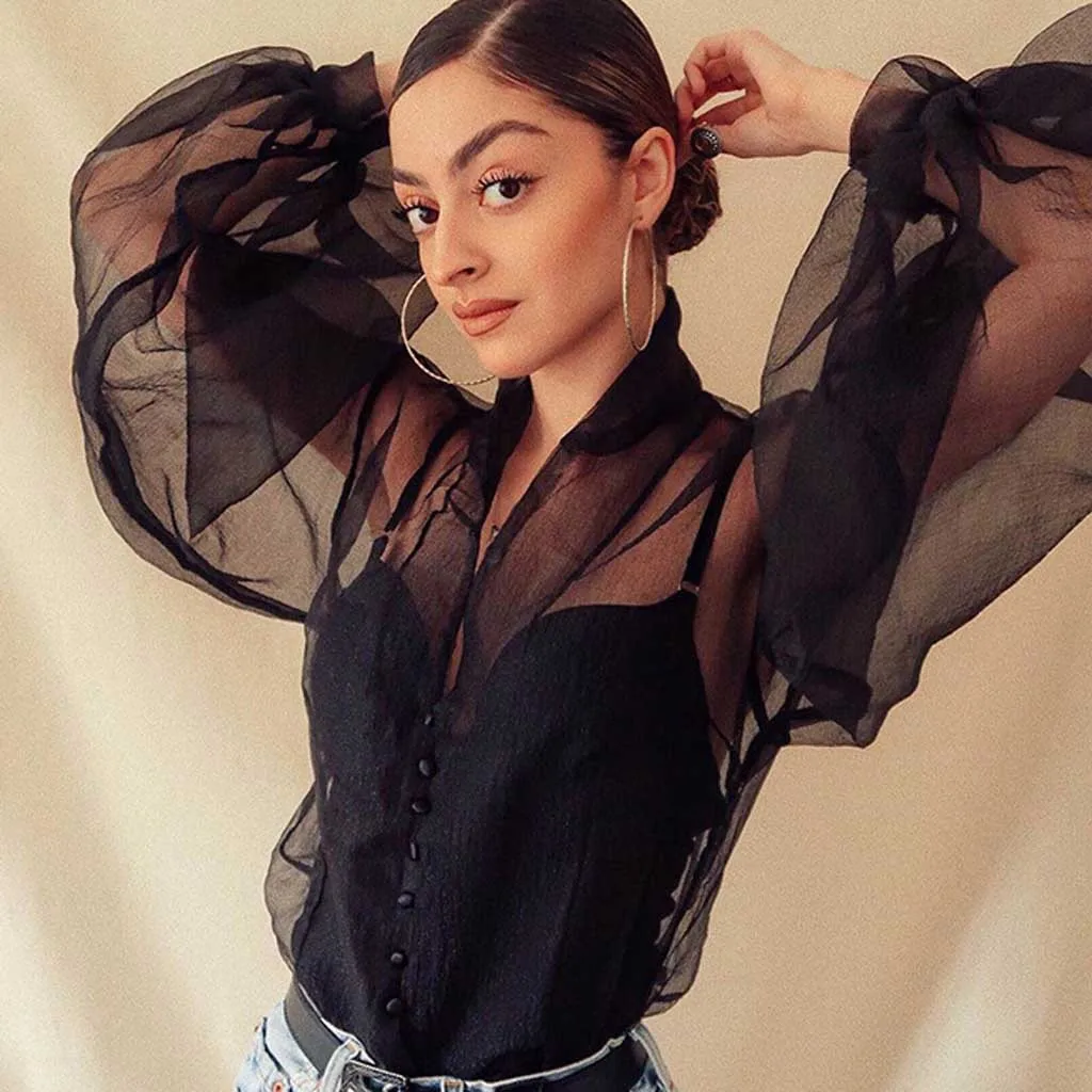 Женская шифоновая блузка свободная однотонная блуза из органзы с v образным