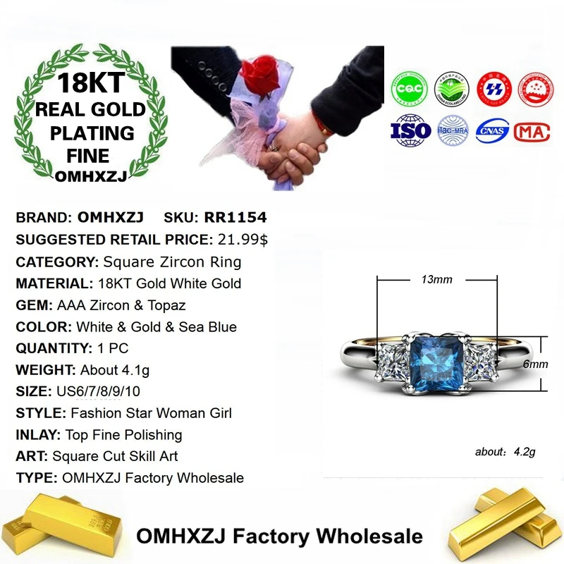 Фото OMHXZJ оптовая продажа, RR1154, Европейская мода, хит продаж, красивые женские вечерние подарки на день рождения, свадьбу, квадратный топаз, AAA циркон, 18KT, Золотое кольцо №3