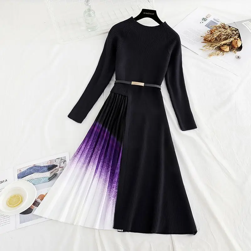 

Женское трикотажное Плиссированное Платье-миди с градиентом, офисное платье в стиле пэчворк с круглым вырезом и длинным рукавом, осенне-зим...