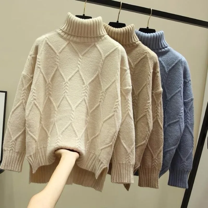 Пуловер водолазка Однотонный свитер для женщин осень и зима свободный ленивый