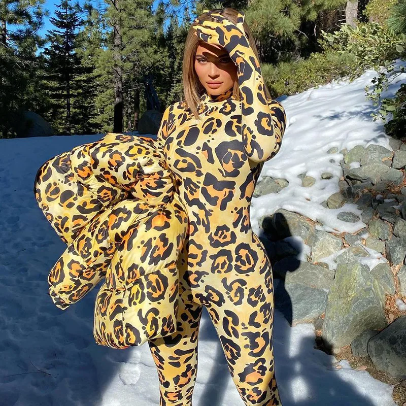 

Kylie Leopard Print Sexy Long Sleeve Jumpsuits with Glove for Women Clothes Bodycon Rompers Club Party One Pcs Outfits