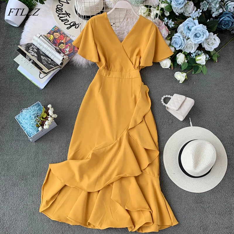 

Trendy Vintage Irregular Ruffles Solid Yellow Black Red Dress Summer Sexy V Neck Women Dress Elegant Short Sleeve Vestidos