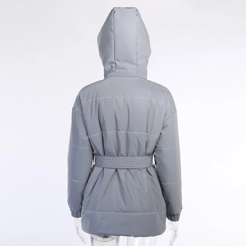 

INS Fashion Street Style Women Bread Coats Hooded Neck Long Sleeve Zipper With Bags Breasted Belt Regular Coats For Winter Wear