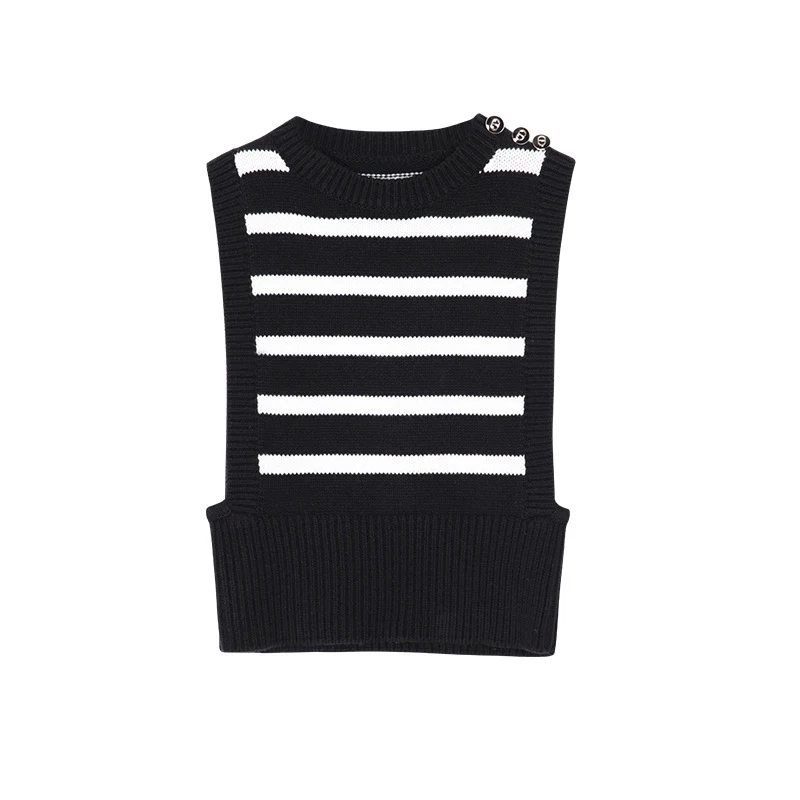 

TWOTWINSTYLE Striped Patchwork Short Vest For Women O Neck Sleeveless Casual Knitted Vests Female Fashion New Clothing 2021 Tide
