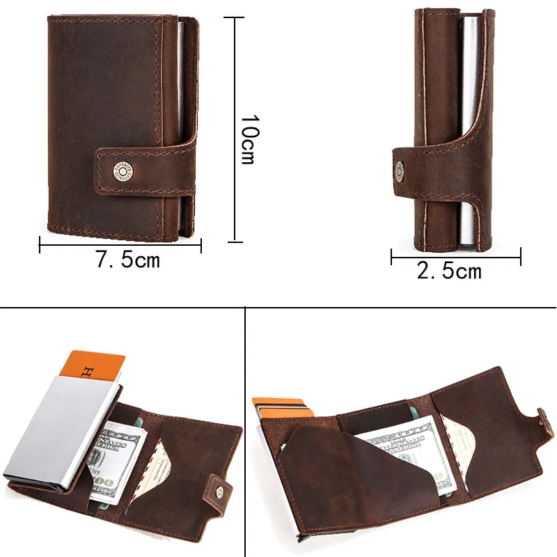 

Vintage RFID Wallet Men Credit Card Holder Blocking Crazy Horse Genuine Leather Card Unisex Security Information Aluminum Purse