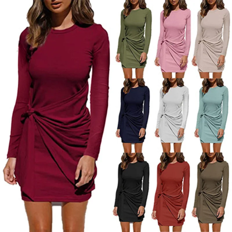

2021 new long-sleeved round neck pleated bow belt irregular dress