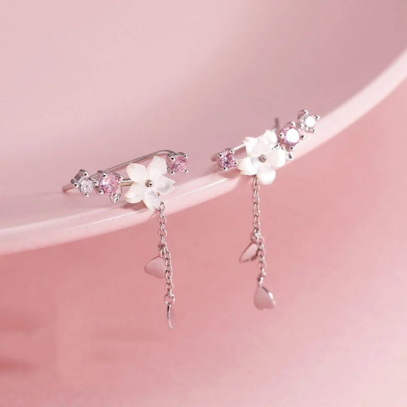 

925 Sterling Silver Romantic Pink Cherry Blossom Shell Tassel Earrings for Women Girls Party Drop Earrings Jewelry Gifts S-E1248