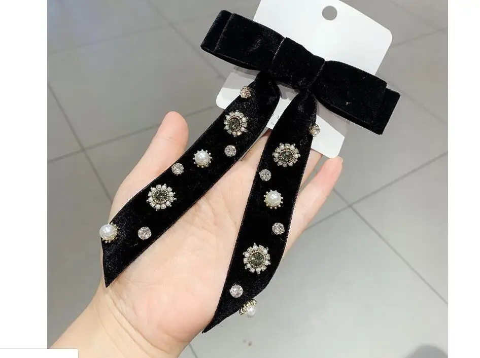 Женская бархатная заколка с черным бантом в стиле ретро |