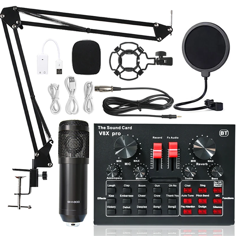 bm 800 professional studio condenser microphone wireless karaoke microphone v8xpro sound card pc computer phone mic with youtube free global shipping