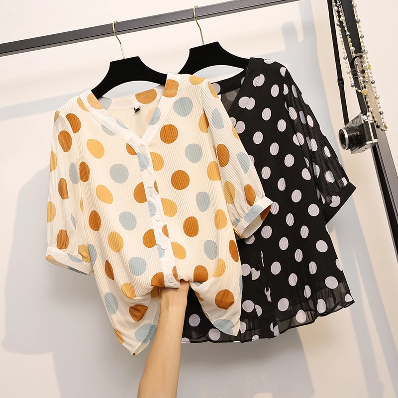 

4XL женская шифоновая блуза с коротким рукавом, блузка, рубашка, модная рубашка в горошек Женские топы и Bloues размера плюс женская одежда Blusas ...