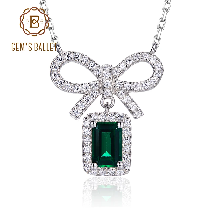 

GEM'S BALLET Christmas Lab Grown Emerald Emerald Cut Gemstone Bowknot Necklace in 925 Sterling Silver 0.5Carat Pendant with Chai