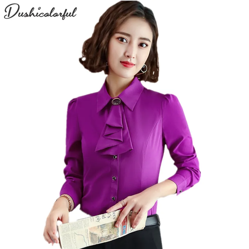 Elegant Ladies Long-sleeve Shirt Autumn White Purple Bow Tie Chiffon Women Blouse Work Wear Formal Office Plus Size Top Sky Blue