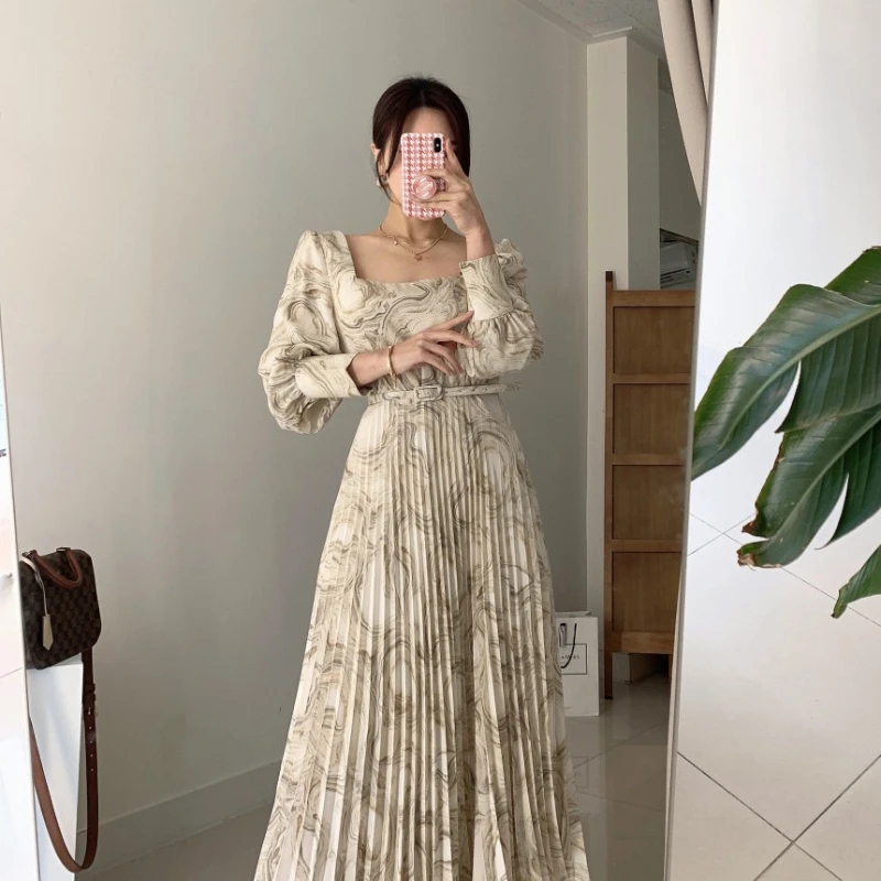 

Элегантное женское длинное платье с квадратным вырезом, Осенние плиссированные платья с длинным рукавом и чернильным принтом, с поясом, пов...