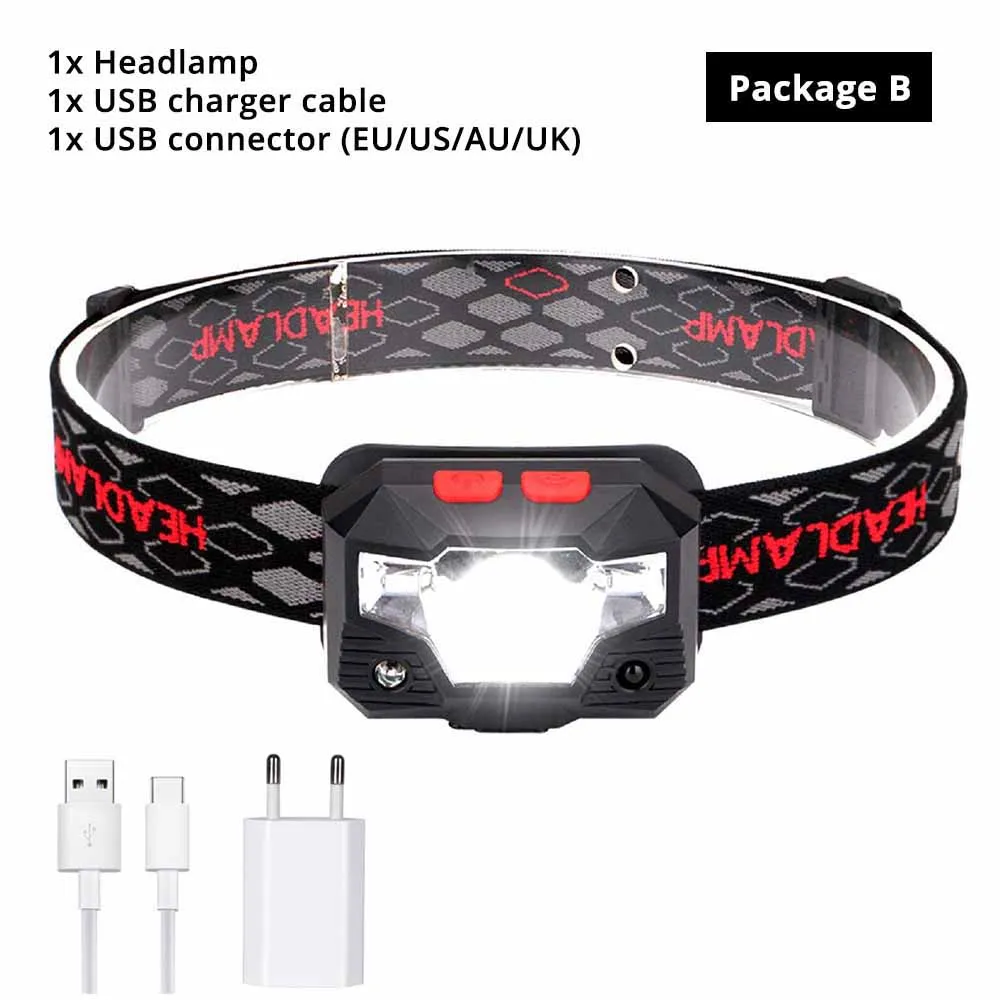 Package B USB Перезаряжаемый светодиодный налобный фонарь встроенный датчик водонепроницаемые фонарики с usb-кабелем для зарядки, супер яркий для активного отдыха - Испускаемый цвет: Package B