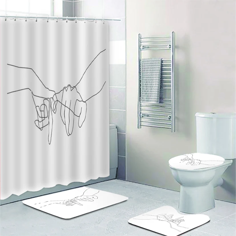 Набор для ванной комнаты "Непрерывный линейный рисунок рук на головоломке, душевой занавес и коврик, минималистический простой эскиз в ванной комнате".