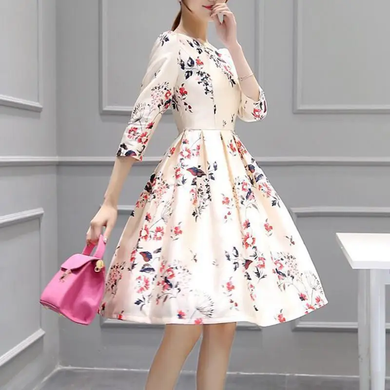 

Women Summer Dress Ladies A -Line Elegant Dress Half Sleeve Floral Print Korean Style Knee Length Satin Dress