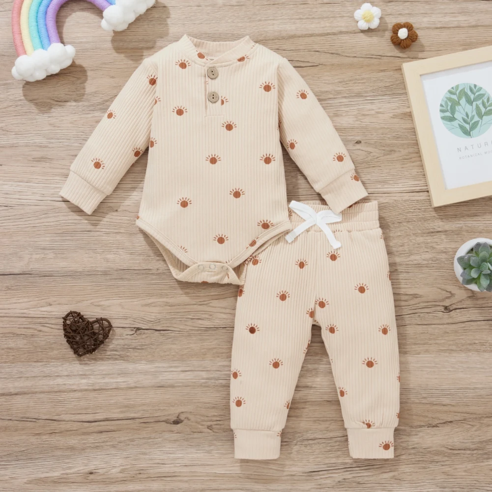 

Newborn Infant Baby Boys Girls Romper Set Cotton Knitted Ribbed Long Sleeve Stand Collar Sun Print Jumpsuit Toddler Clothes