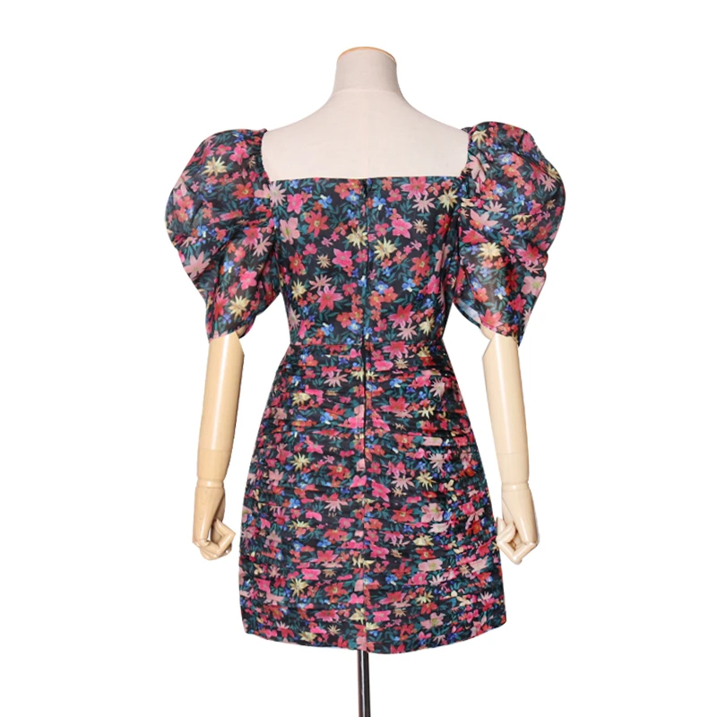 

CHICEVER Sexy Print Dress For Female V Neck Puff Short Sleeve Large Size Loose Vintage Mini Dresses Women 2020 Fashion Summer