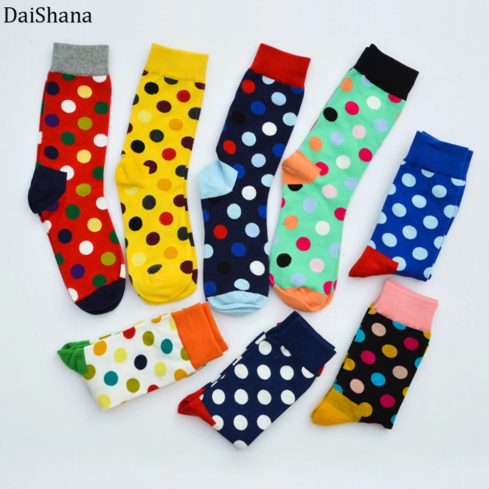 Модные цветные хлопковые мужские носки в горошек с надписью «Happy Socks», фирменные забавные носки Harajuku Caual, женская пара