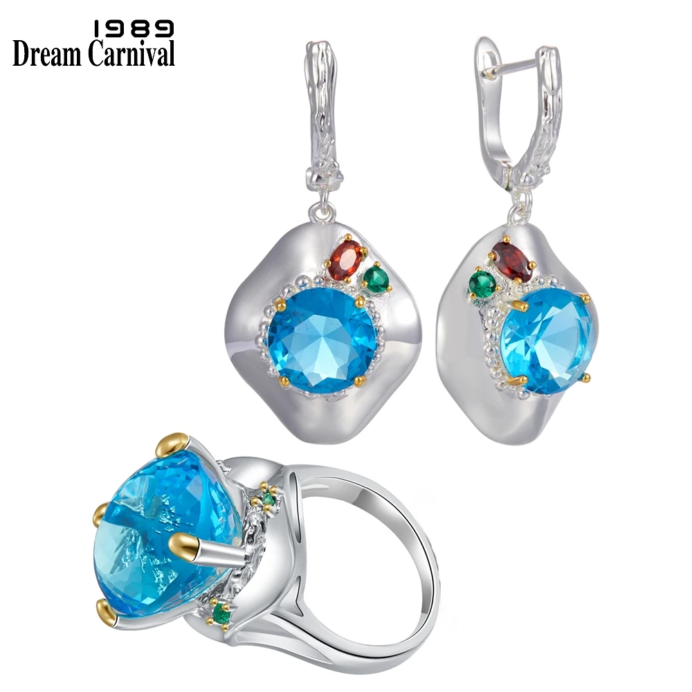 

DreamCarnival1989 Sky Blue Zirconia Jewelry Set for Women Ladies Hat Design Ring Earrings Wedding Jewels Radiant Cut CZ ER4002S2
