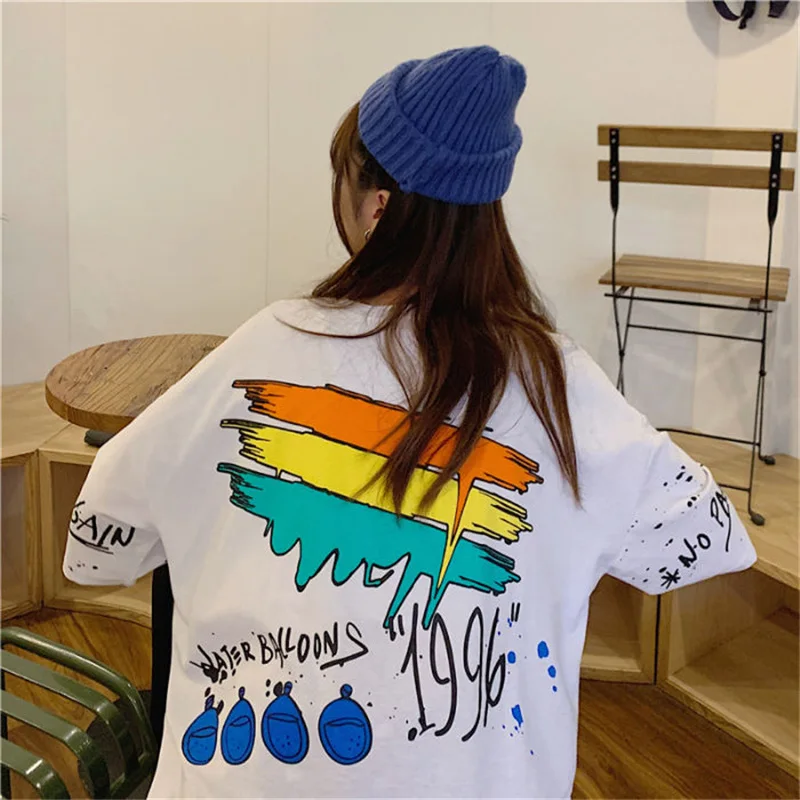 

2020 Summer Women's T-shirt Korean Style Of New Students Loose Short Cartoon Doodle Girl All Matching Short-sleeved Shirt