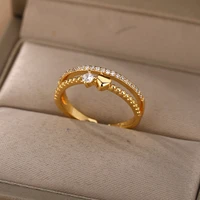 zircon heart open rings for women gold silver color stainless steel adjustable female engagement wedding ring jewelry