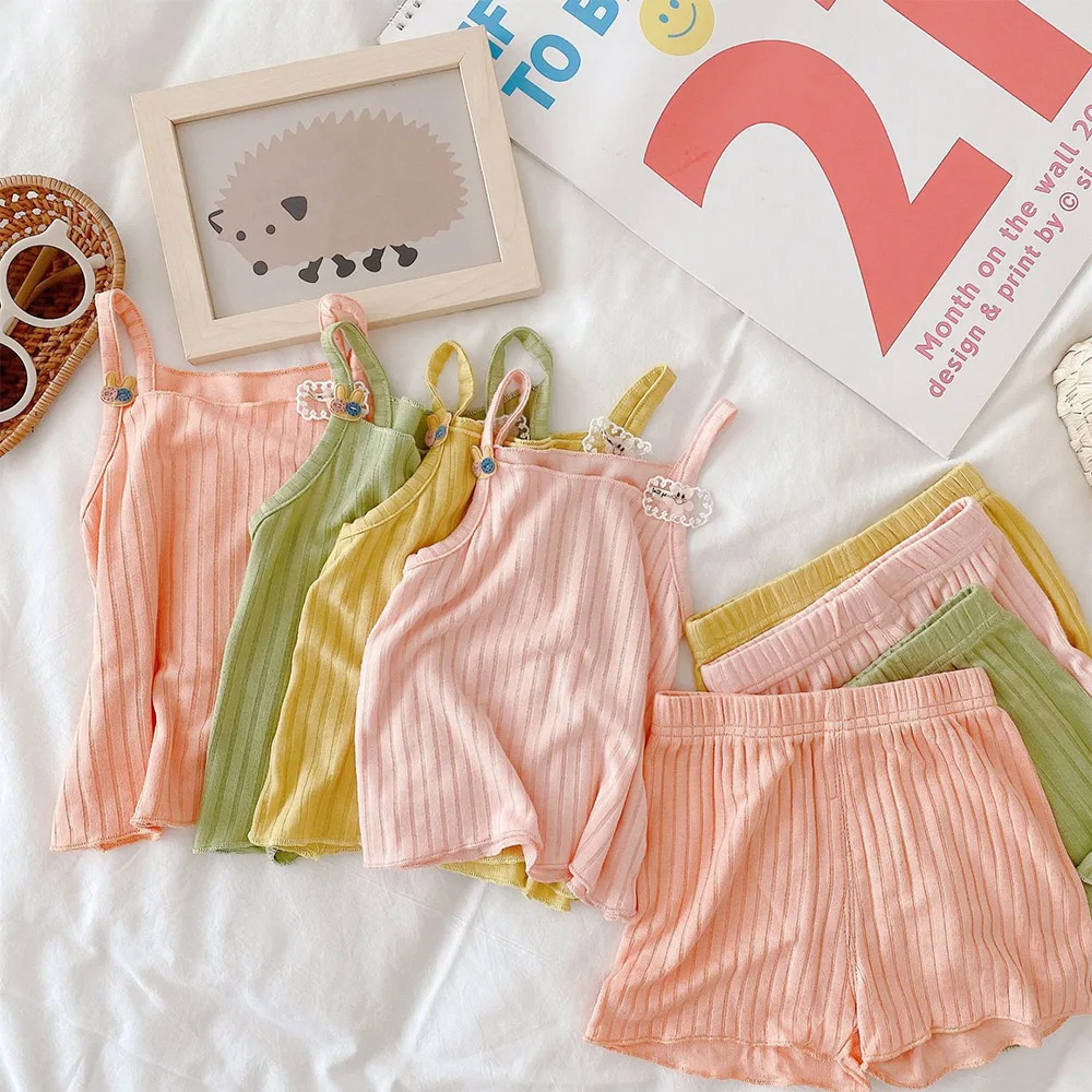 

Комплект летней одежды для маленьких девочек, жилет без рукавов + короткие штаны, повседневная одежда для младенцев из двух предметов, детск...