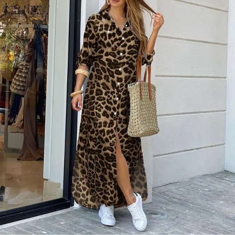 

Casual Vintage Leopard Dresses Female Lapel Long Vestidos Womens Autumn Fashion Shirt Dress ZANZEA Party Holiday Longue Robe