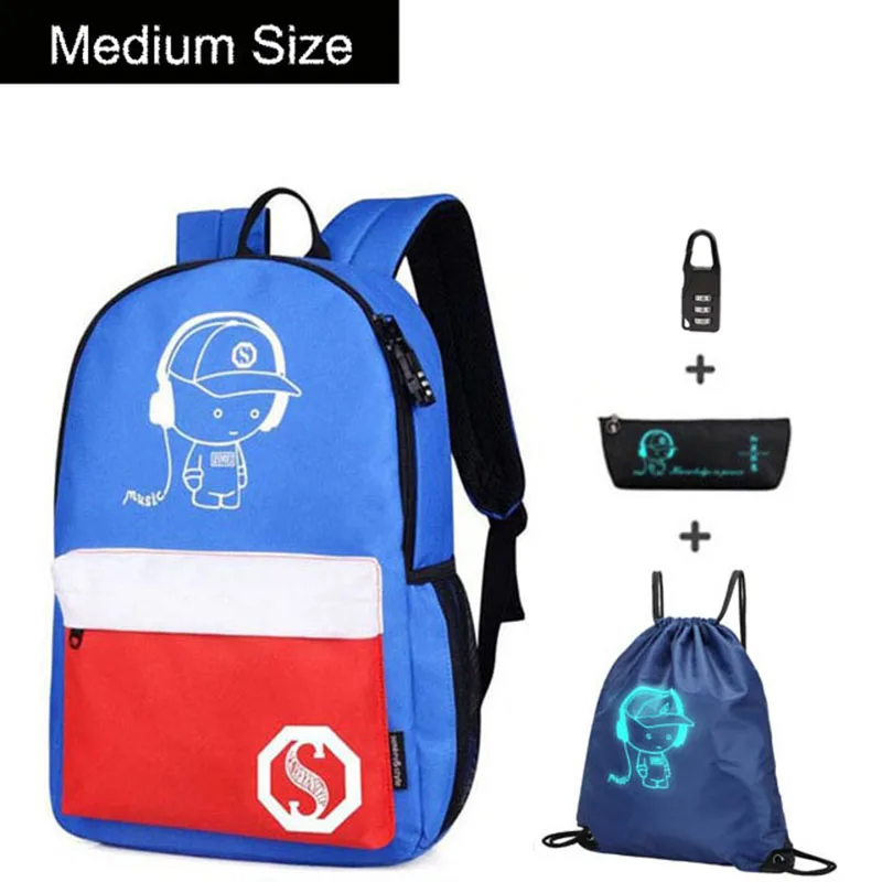 G medium size 1 set Аниме светящийся Оксфорд школьный рюкзак на плечо до 15,6 дюймов с usb зарядным портом и замком школьная сумка для мальчика черный - Цвет: G medium size 1 set