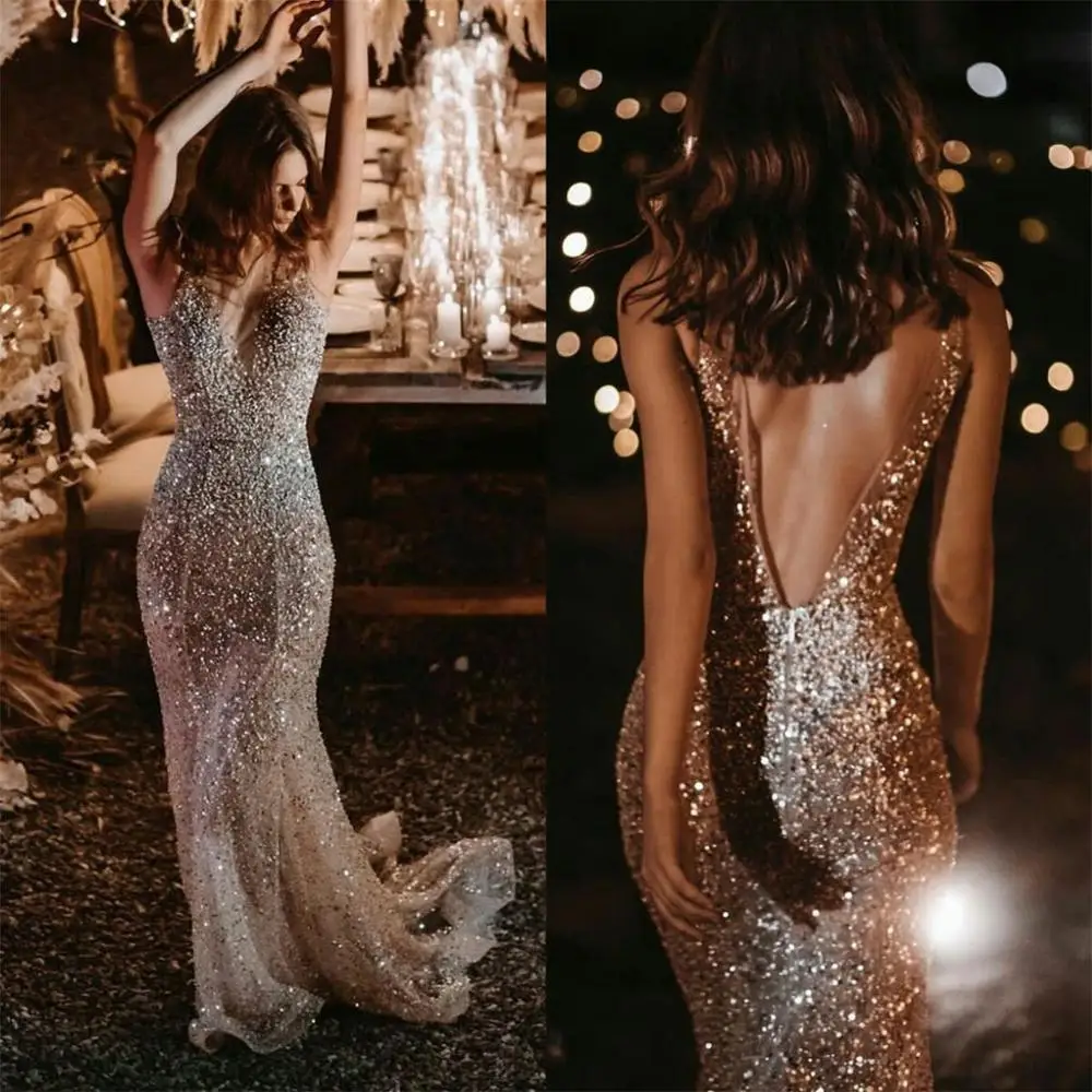 

Deep V Neck Sparkle Evening Dresses Mermaid vestido de novia Open Back Sequined Prom Dress Party Second Reception Gowns
