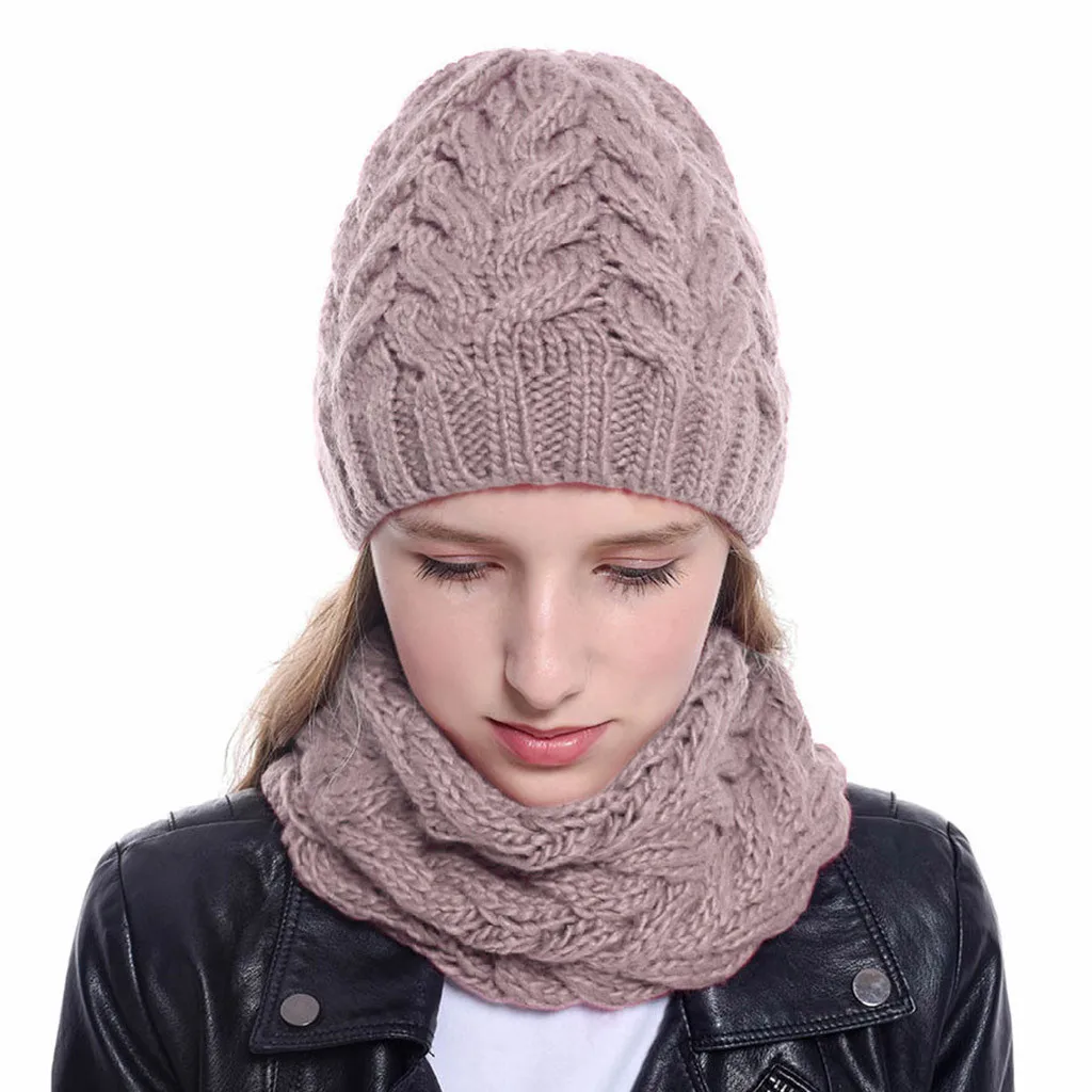 Зимние шапки для женщин, вязаная шапка с шарфом, комплект из 2 предметов, модная шерстяная утолщенная шапка, воротники, женская теплая шапка, шарф, набор снежных шапок - Цвет: Pink Cap