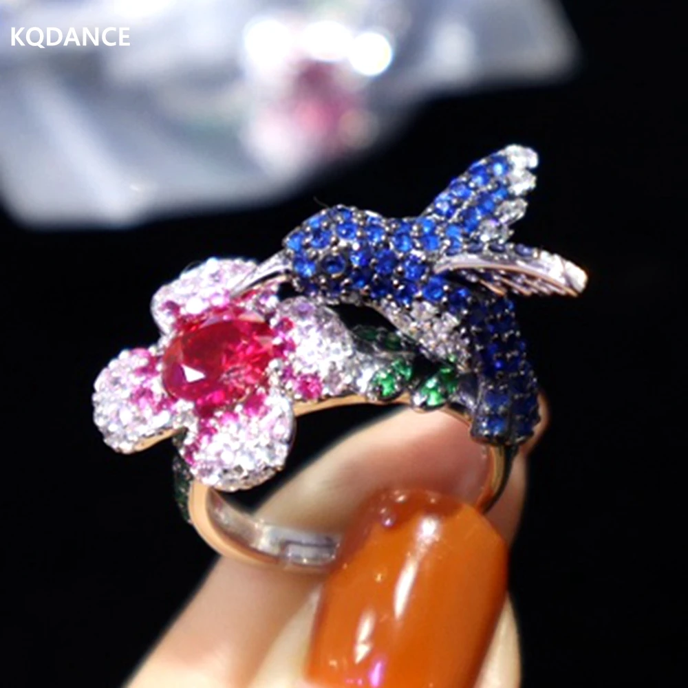 KQDANCE 925 sterling silver with Blue/red stone Lab Ruby emerald Tanzanit diamond flower Bird Ring Cocktail Rings For Women 2021
