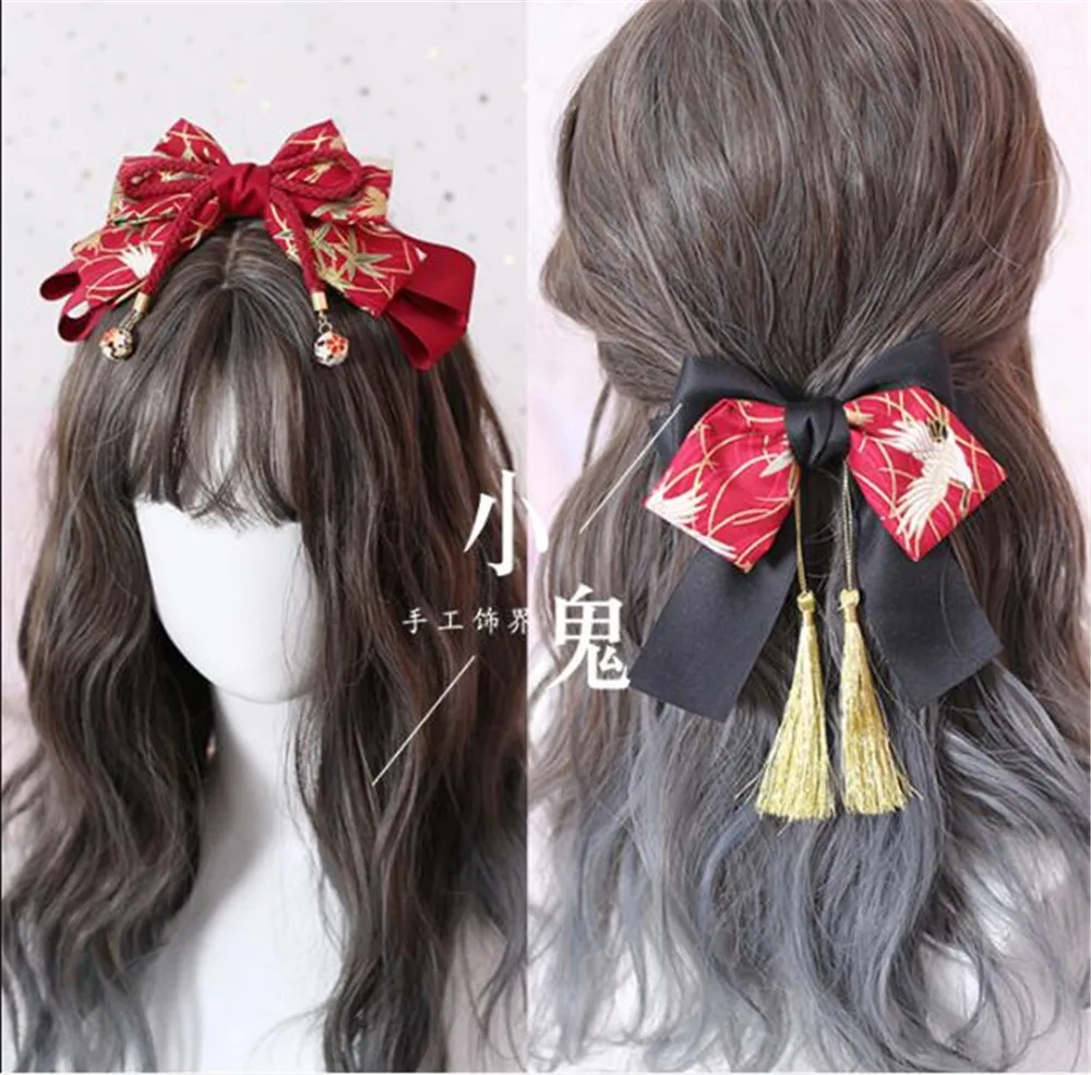 Ретро кимоно халат черный красный аксессуары для головы с бантом Лолита косплей кисточки бант боковой зажим для волос B457.