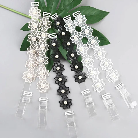 Transparent Shoulder Strap With Beads Korean Style Mesh Flower Pearl Bra Strap Non-Slip Underwear Elastic Straps Bra Accessory