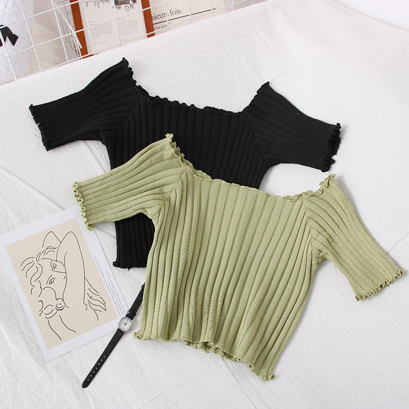 Женский укороченный топ OUMEA ребристый с коротким рукавом вырезом лодочкой и