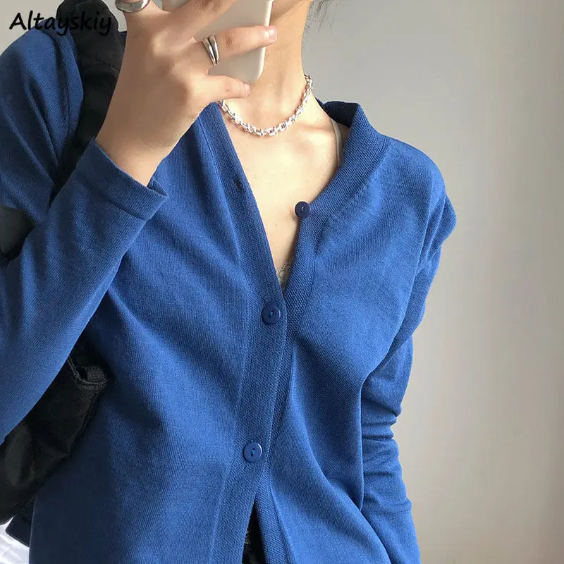 

Cardigan Women V-Neck Single Breasted Temperament Korean Style Young Loose All Match Fashion Leisure Full Sleeve Solid Simple
